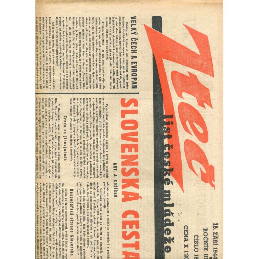 Zteč. List české mládeže. Ročník III., číslo 18 (15.9.1944) - noviny (vyd. Kuratorium, protektorát) - List nové generace