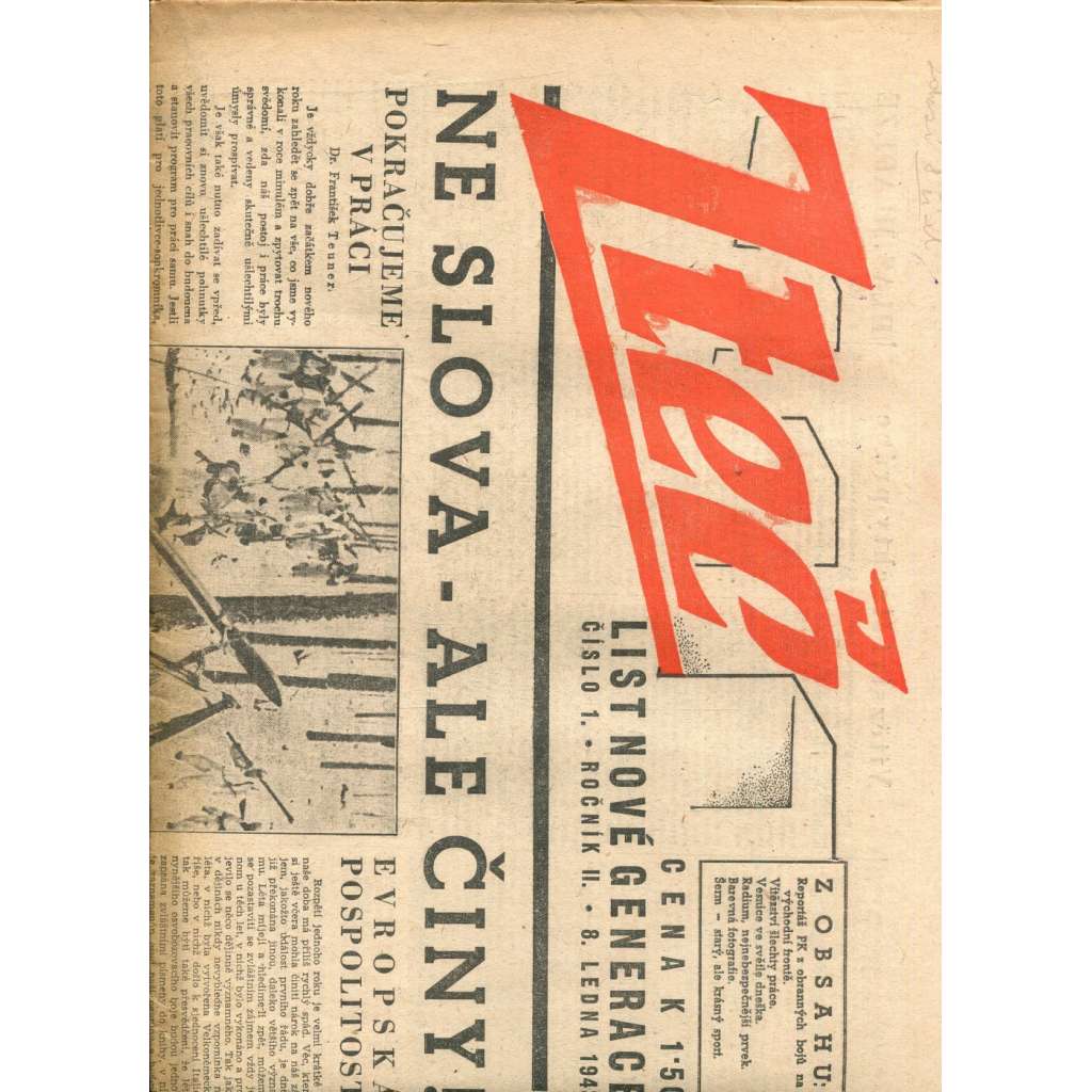 Zteč. List nové generace. Ročník II., číslo 1 (8.1.1943) - noviny (vyd. Kuratorium, protektorát)