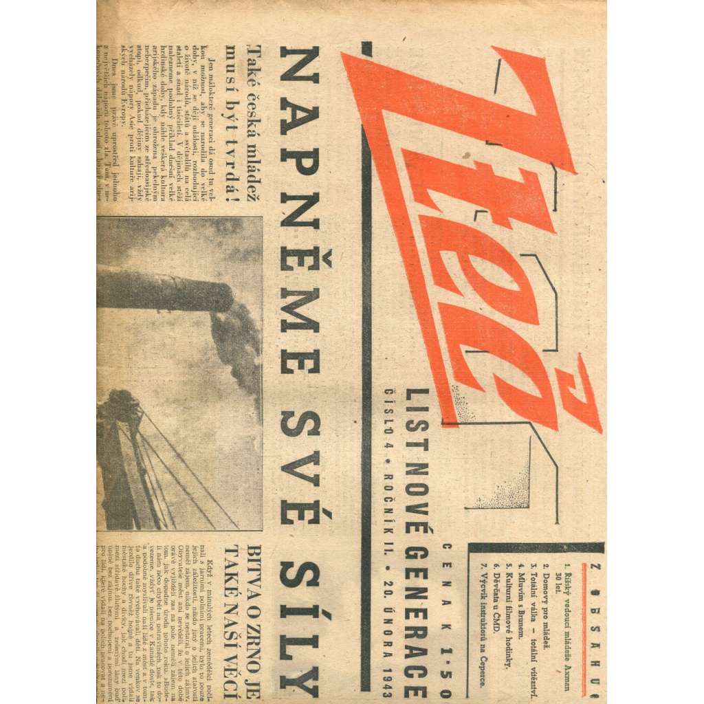 Zteč. List nové generace. Ročník II., číslo 4 (20.2.1943) - noviny (vyd. Kuratorium, protektorát)