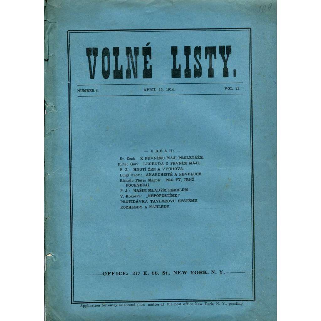 Volné listy, ročník 23., číslo 3 a 4/1914 (anarchismus, USA, noviny, časopis)