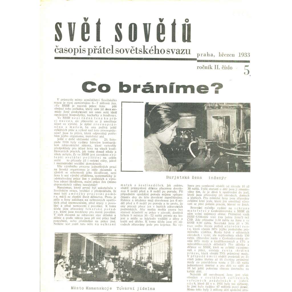 Svět sovětů, ročník II., číslo 5/1933 (časopis, noviny) - Časopis přátel sovětského svazu