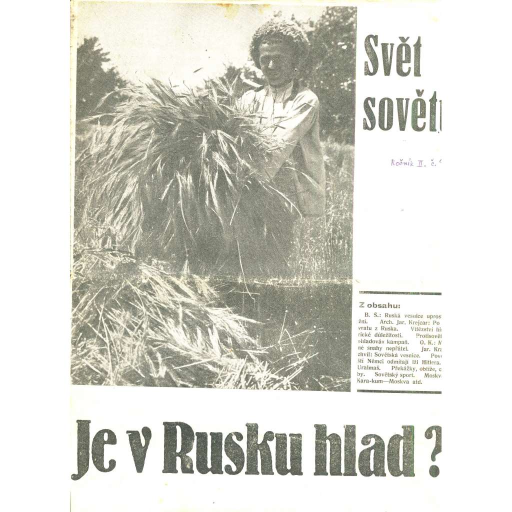 Svět sovětů, ročník II., číslo 9/1933 (časopis, noviny) Časopis přátel sovětského svazu