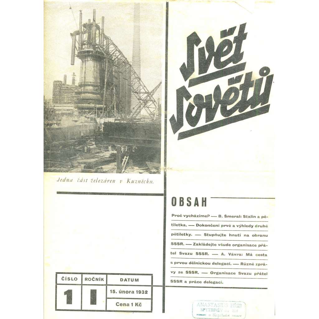 Svět sovětů, ročník I., číslo 1/1932 (časopis, noviny) Časopis přátel sovětského svazu