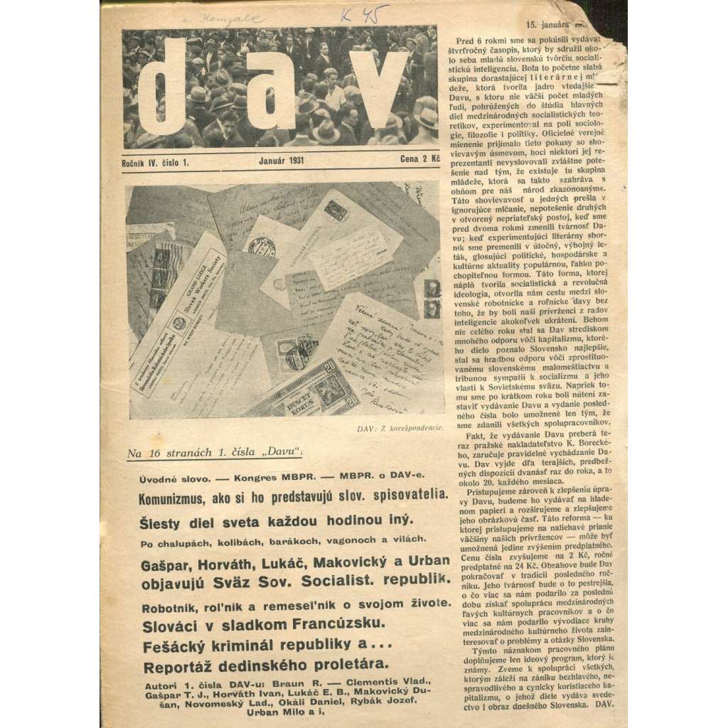 DAV, ročník IV., číslo 1/1931 (časopis, noviny, text slovensky (pošk.)