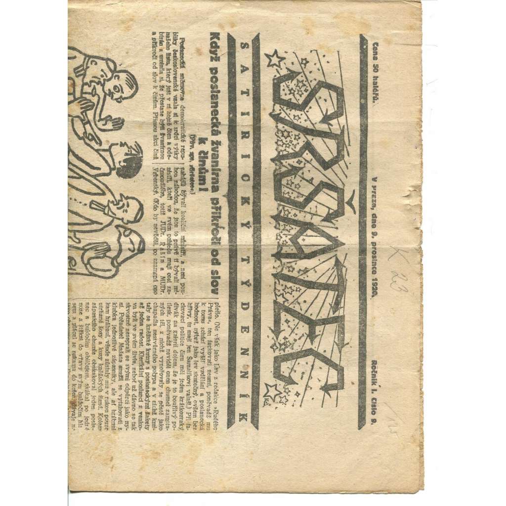 Sršatec, ročník I., číslo 9/1920. Satirický týdenník (časopis, noviny)