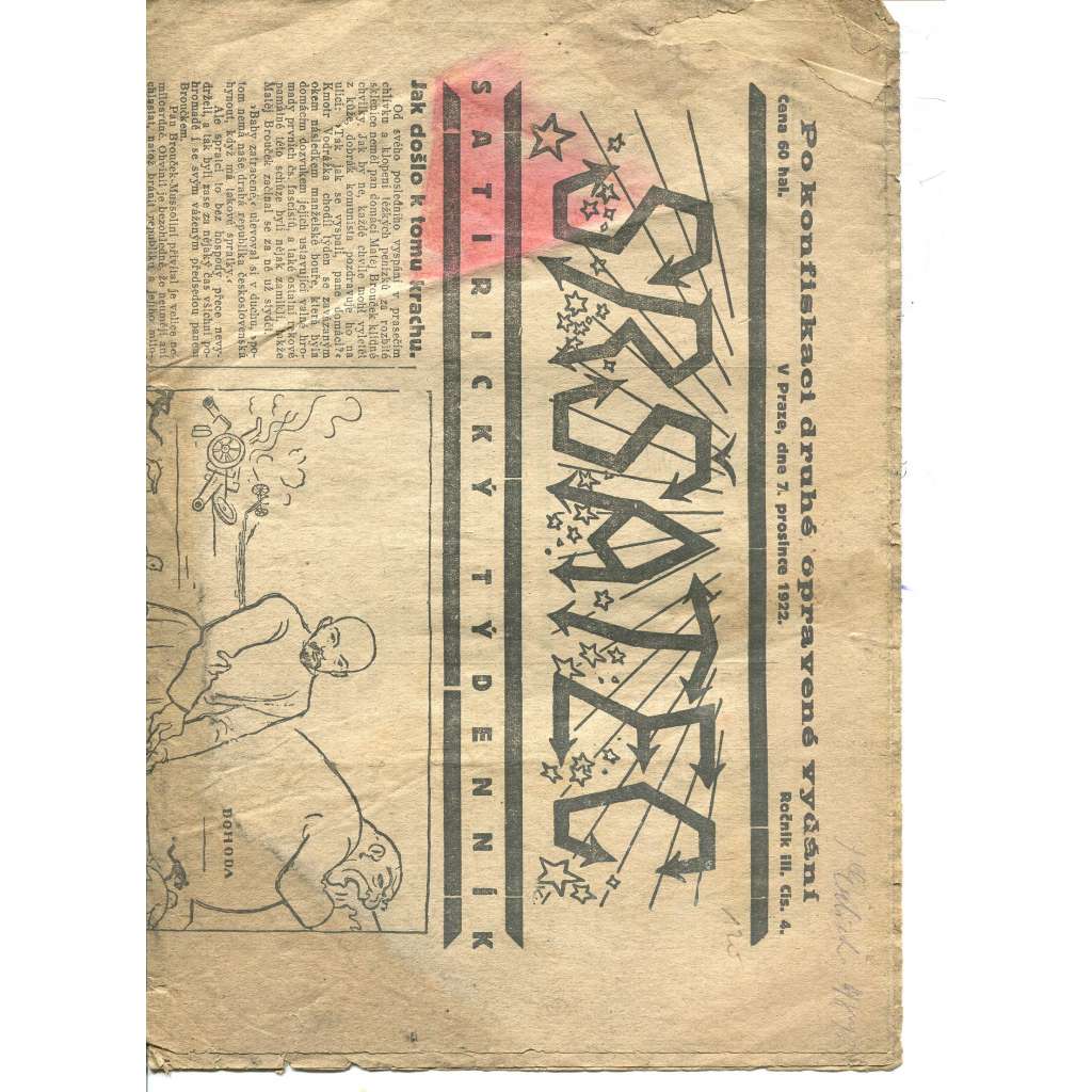 Sršatec, ročník III., číslo 4/1922. Satirický týdenník (časopis, noviny) - pošk.