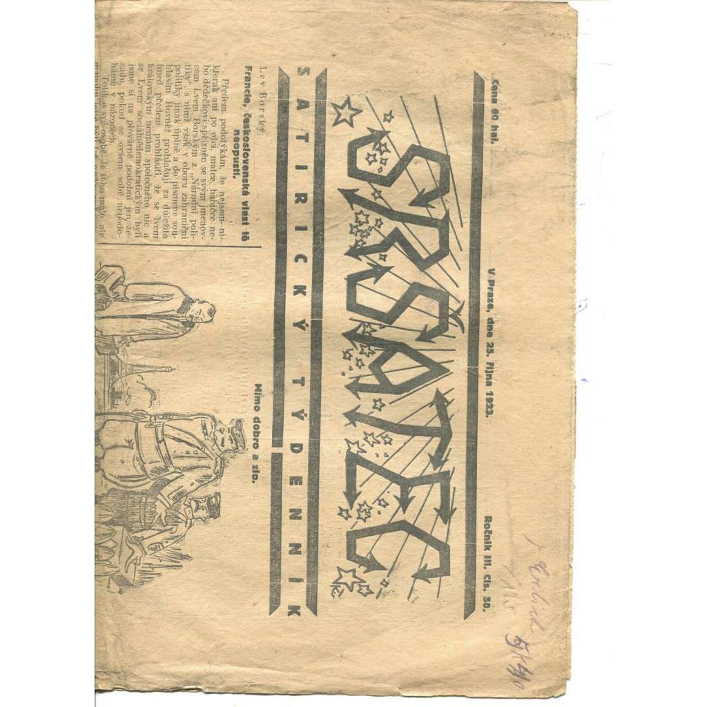 Sršatec, ročník III., číslo 50/1923. Satirický týdenník (časopis, noviny) - pošk.
