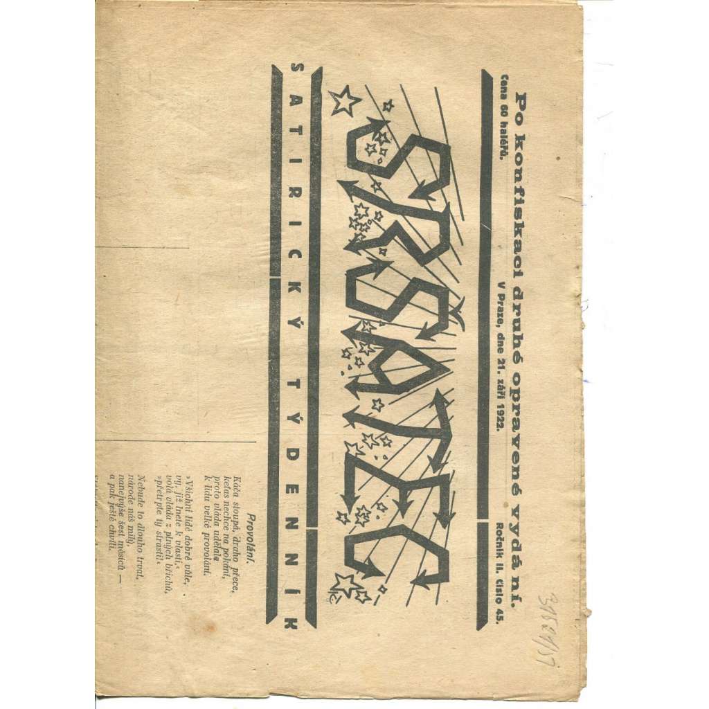 Sršatec, ročník II., číslo 45/1922. Satirický týdenník (časopis, noviny)