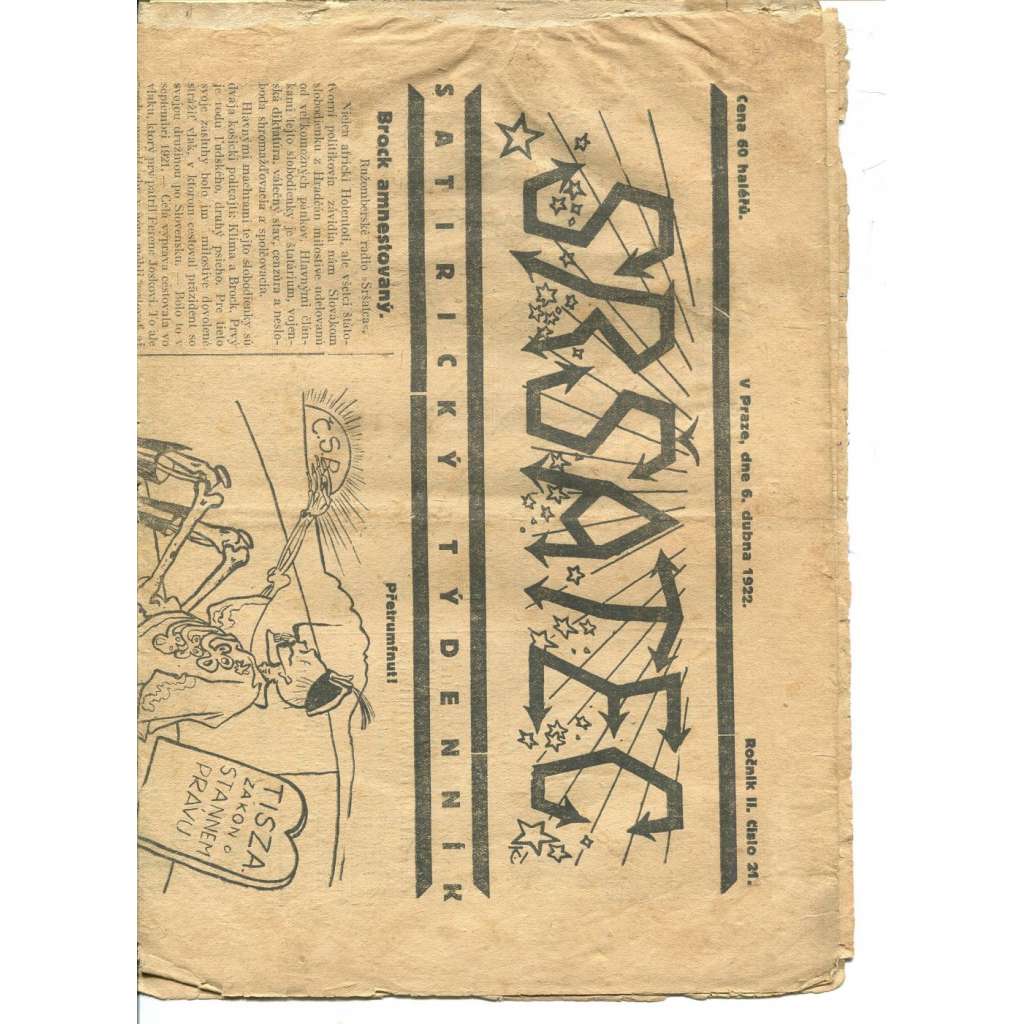 Sršatec, ročník II., číslo 21/1922. Satirický týdenník (časopis, noviny) - pošk.