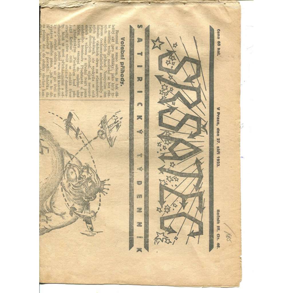 Sršatec, ročník III., číslo 46/1923. Satirický týdenník (časopis, noviny) - pošk.