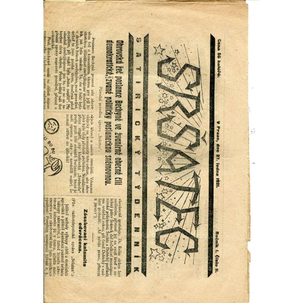 Sršatec, ročník I., číslo 2/1921. Satirický týdenník (časopis, noviny)