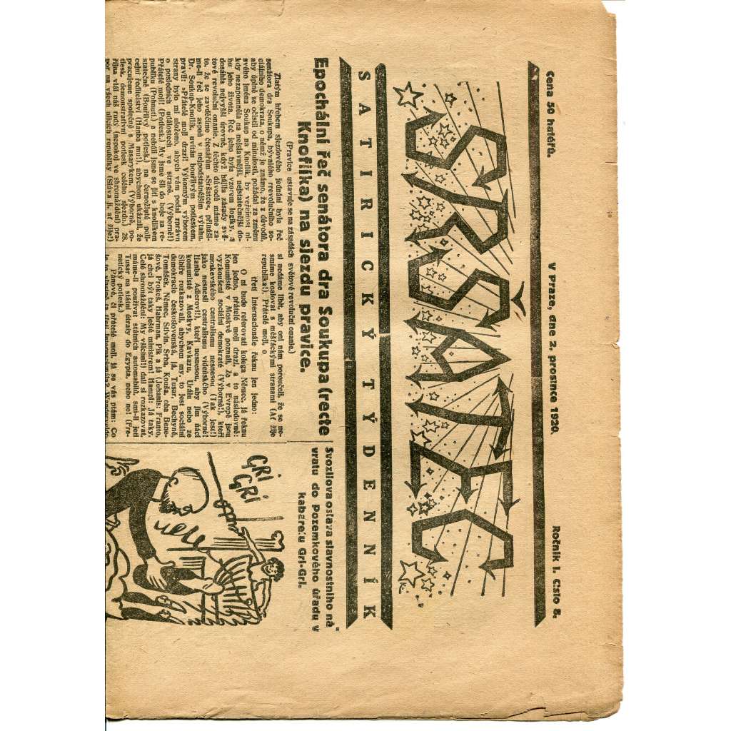Sršatec, ročník I., číslo 5/1920. Satirický týdenník (časopis, noviny)