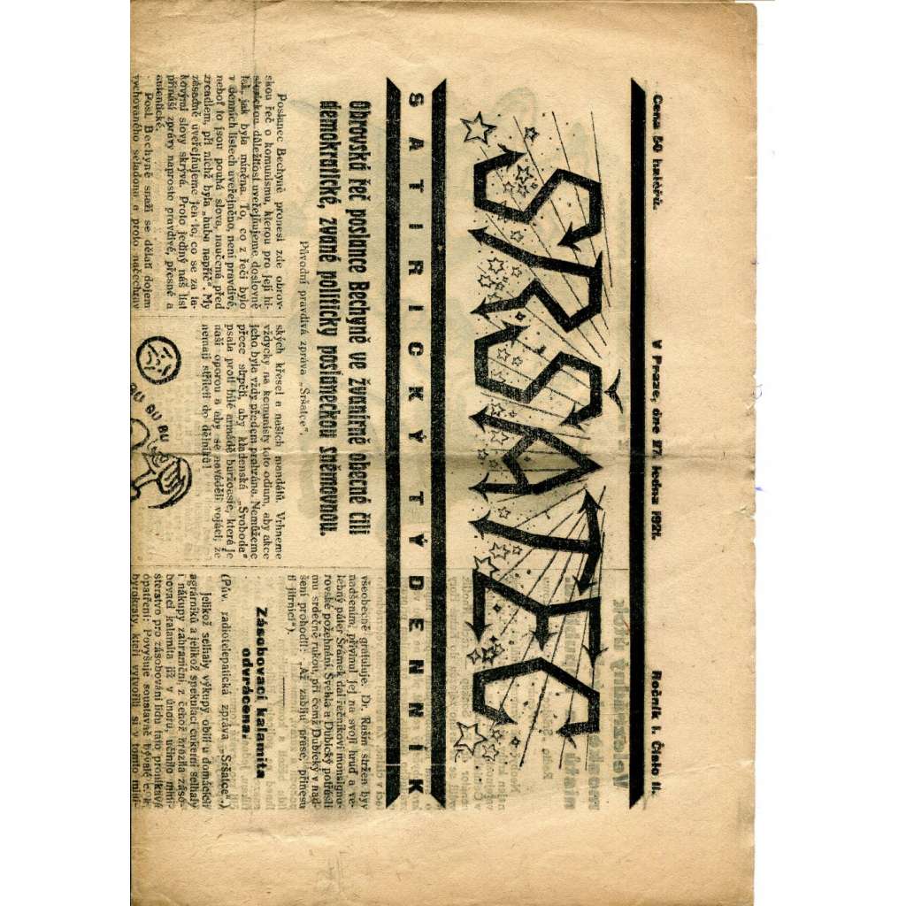 Sršatec, ročník I., číslo 2/1921. Satirický týdenník (časopis, noviny)