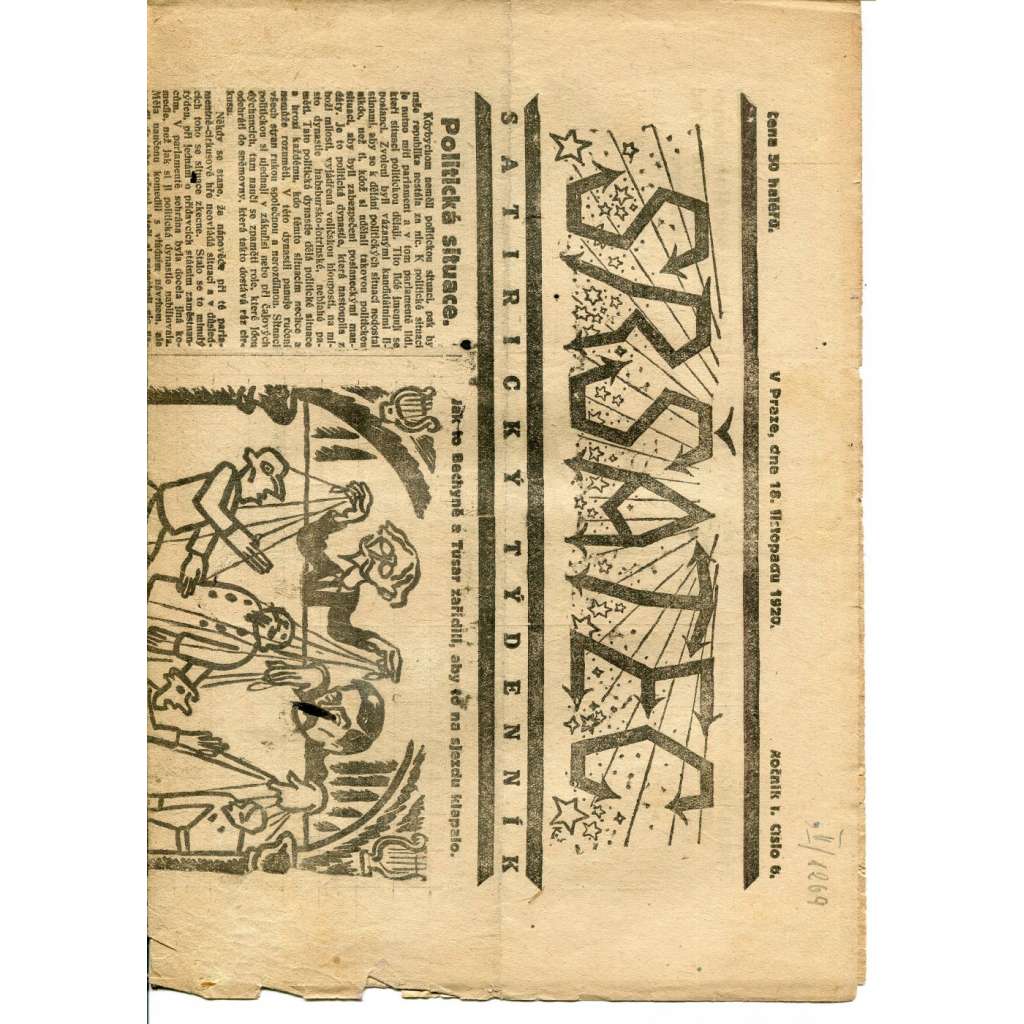 Sršatec, ročník I., číslo 6/1920. Satirický týdenník (časopis, noviny) - pošk.