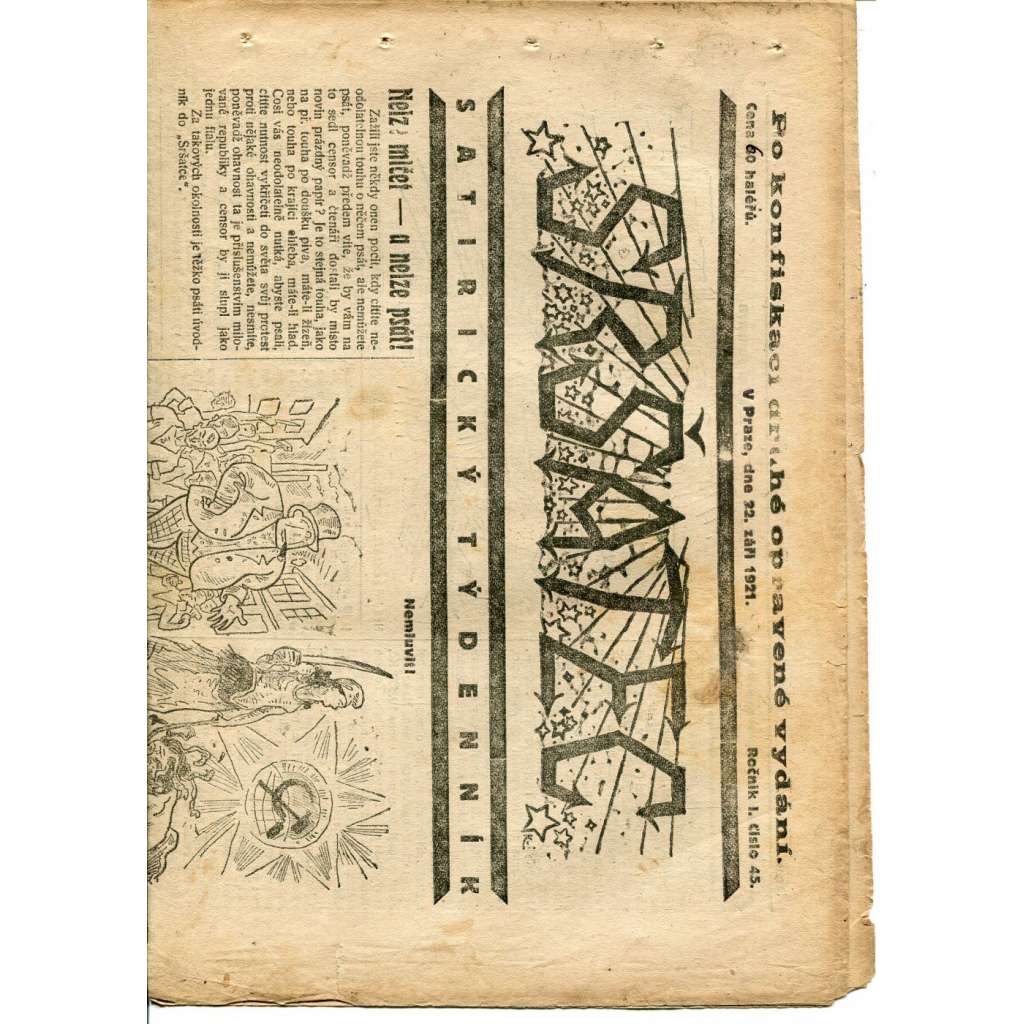Sršatec, ročník I., číslo 45/1921. Satirický týdenník (časopis, noviny)