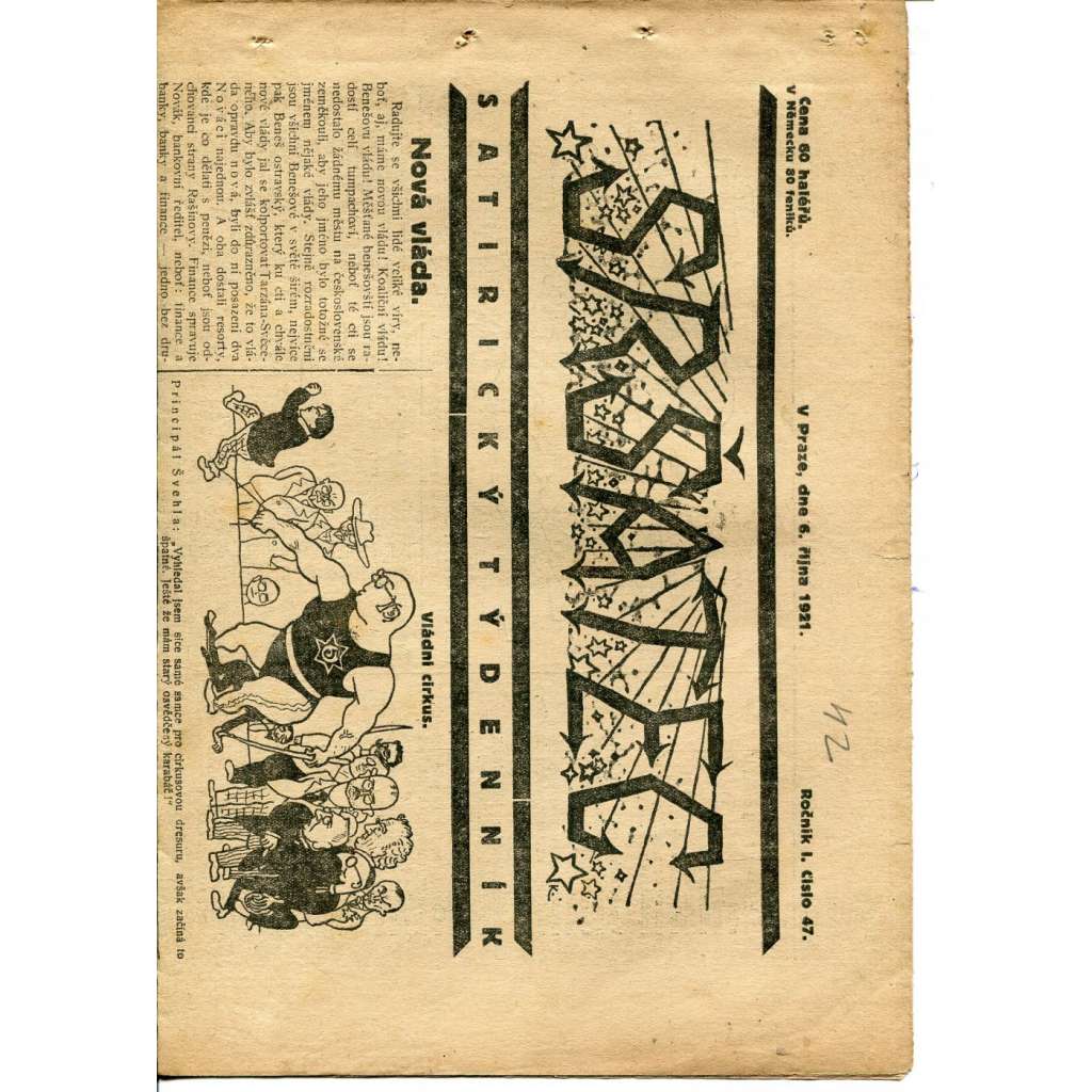 Sršatec, ročník I., číslo 47/1921. Satirický týdenník (časopis, noviny)