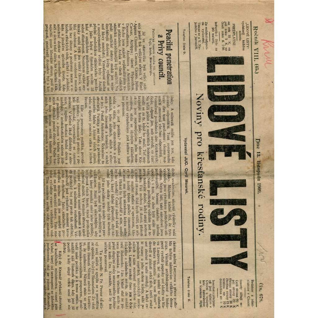 Lidové listy, ročník VIII. (13.11.1909) - Noviny pro křesťanské rodiny