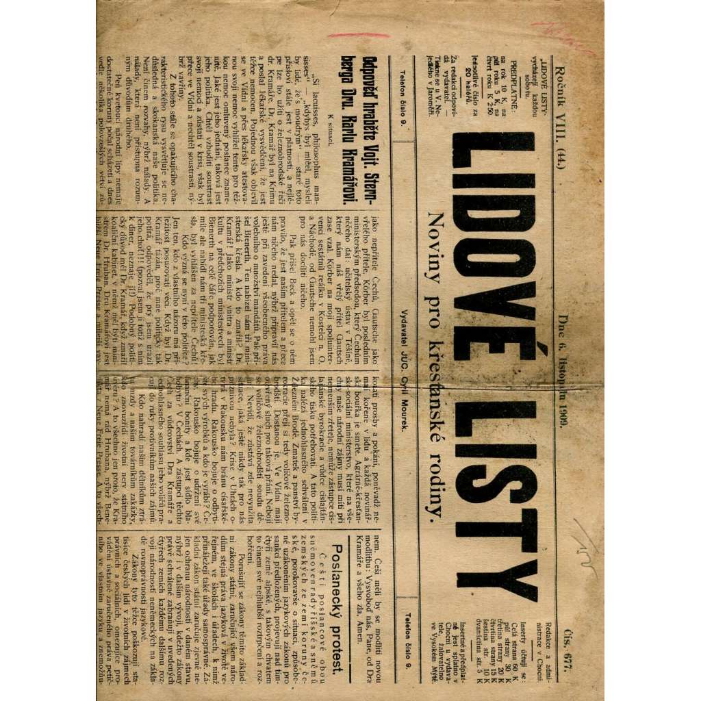 Lidové listy, ročník VIII. (6.11.1909) - Noviny pro křesťanské rodiny