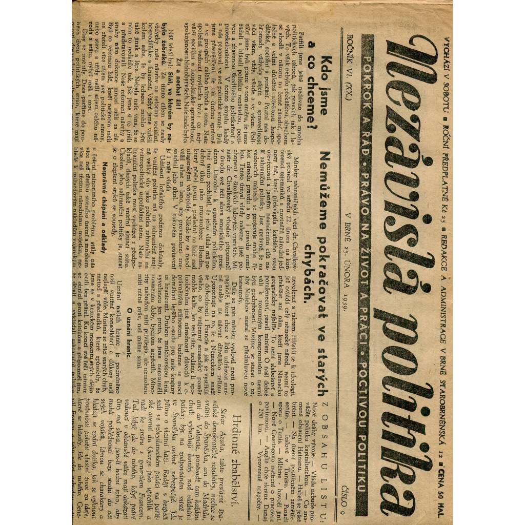 Nezávislá politika, ročník VI., číslo 9 (25.2.1939)  - noviny