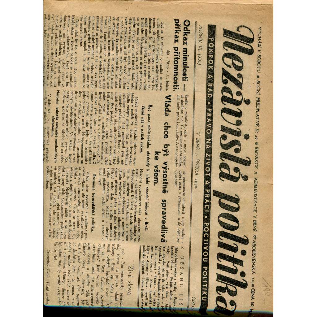 Nezávislá politika, ročník VI., číslo 6 (4.2.1939)  - noviny