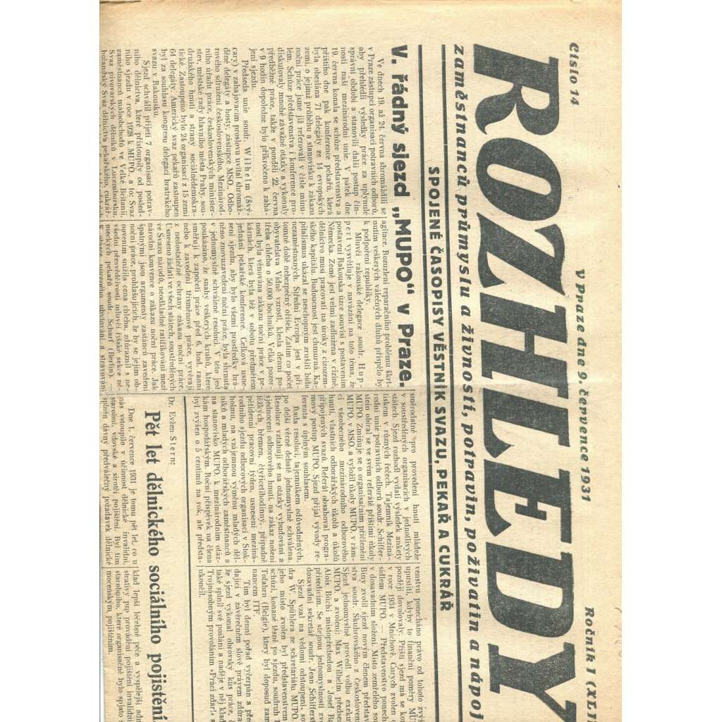 Rozhledy zaměstnanců průmyslu a živností, potravin, poživatin a nápojů, ročník I., číslo 14/1931 (1. republika, noviny)