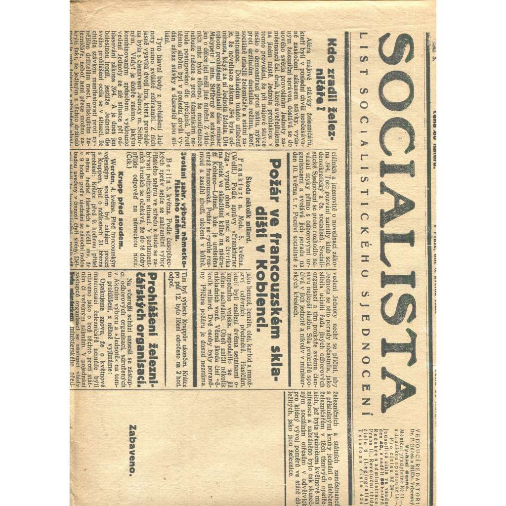 Socialista, ročník I., číslo 5. (6.5.1923) - staré noviny, 1. republika (List socialistického sjednocení)