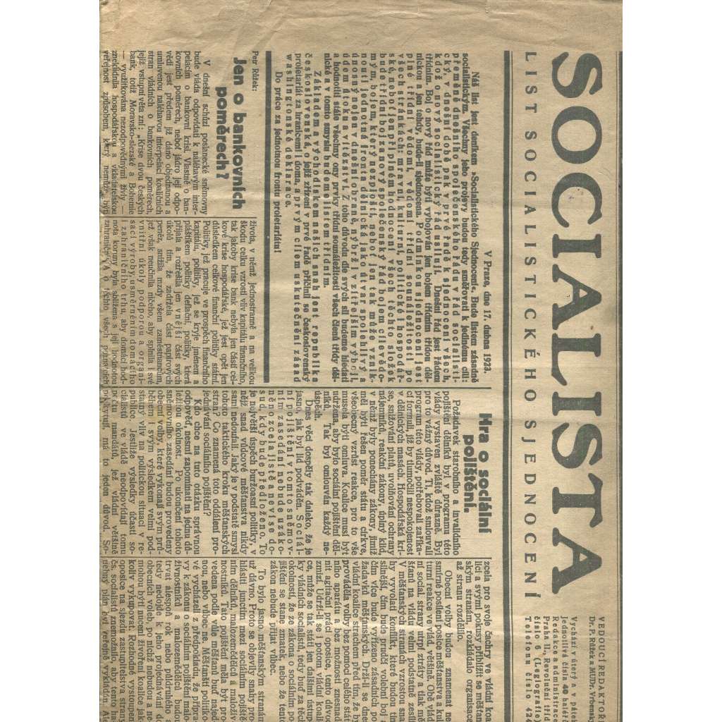 Socialista (17.4.1923) - staré noviny, 1. republika (List socialistického sjednocení)