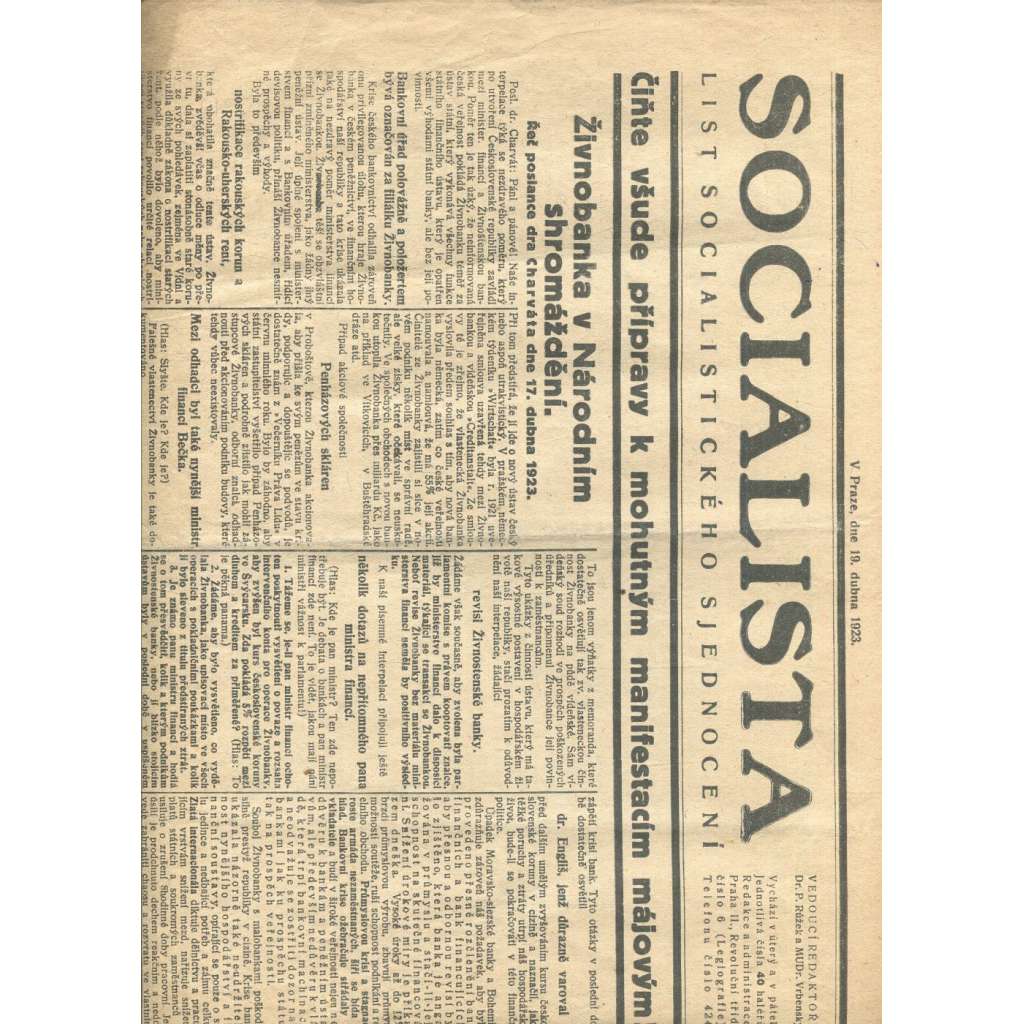 Socialista (19.4.1923) - staré noviny, 1. republika (List socialistického sjednocení)