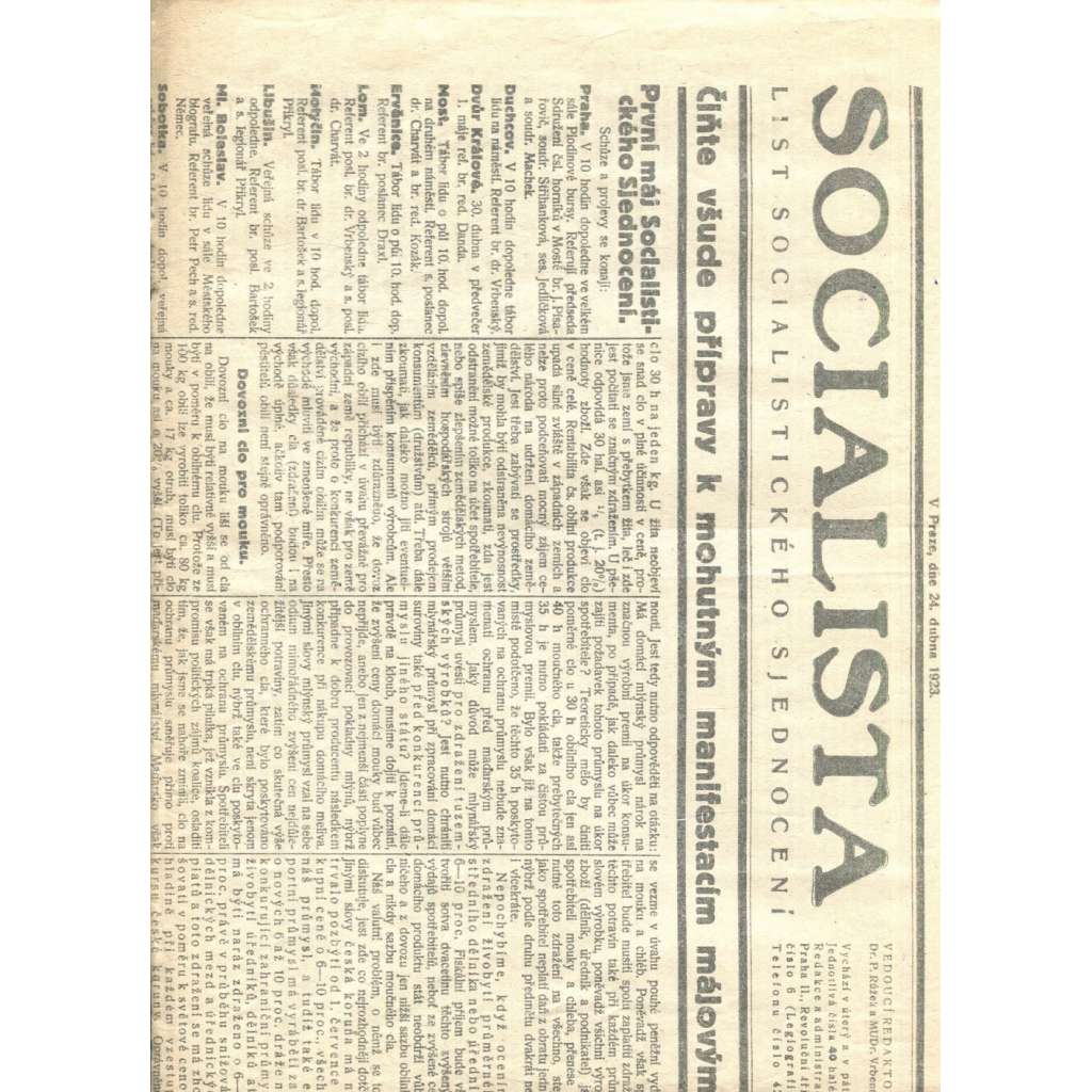 Socialista (24.4.1923) - staré noviny, 1. republika (List socialistického sjednocení)