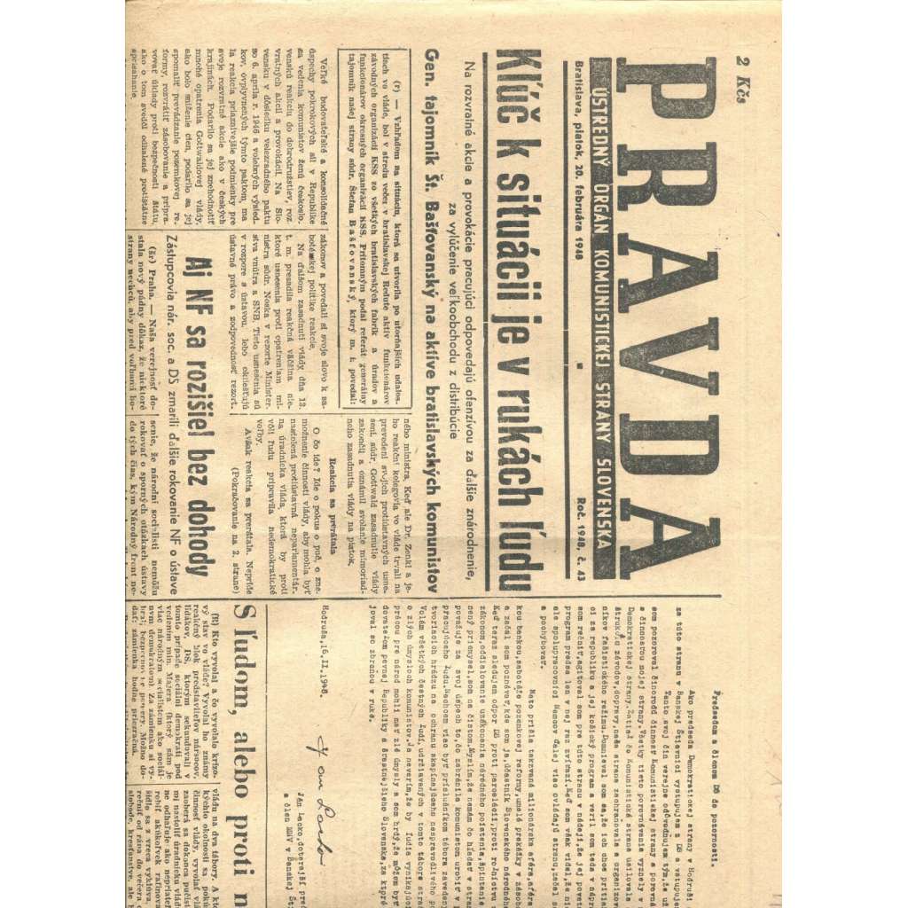 Pravda, číslo 43./1948. Ústredný orgán komunistickej strany Slovenska (staré noviny, text slovensky)