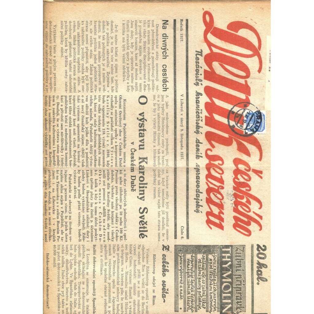 Deník českého severu, číslo 6/1937. Nezávislý hraničářský deník zpravodajský (1. republika, noviny)
