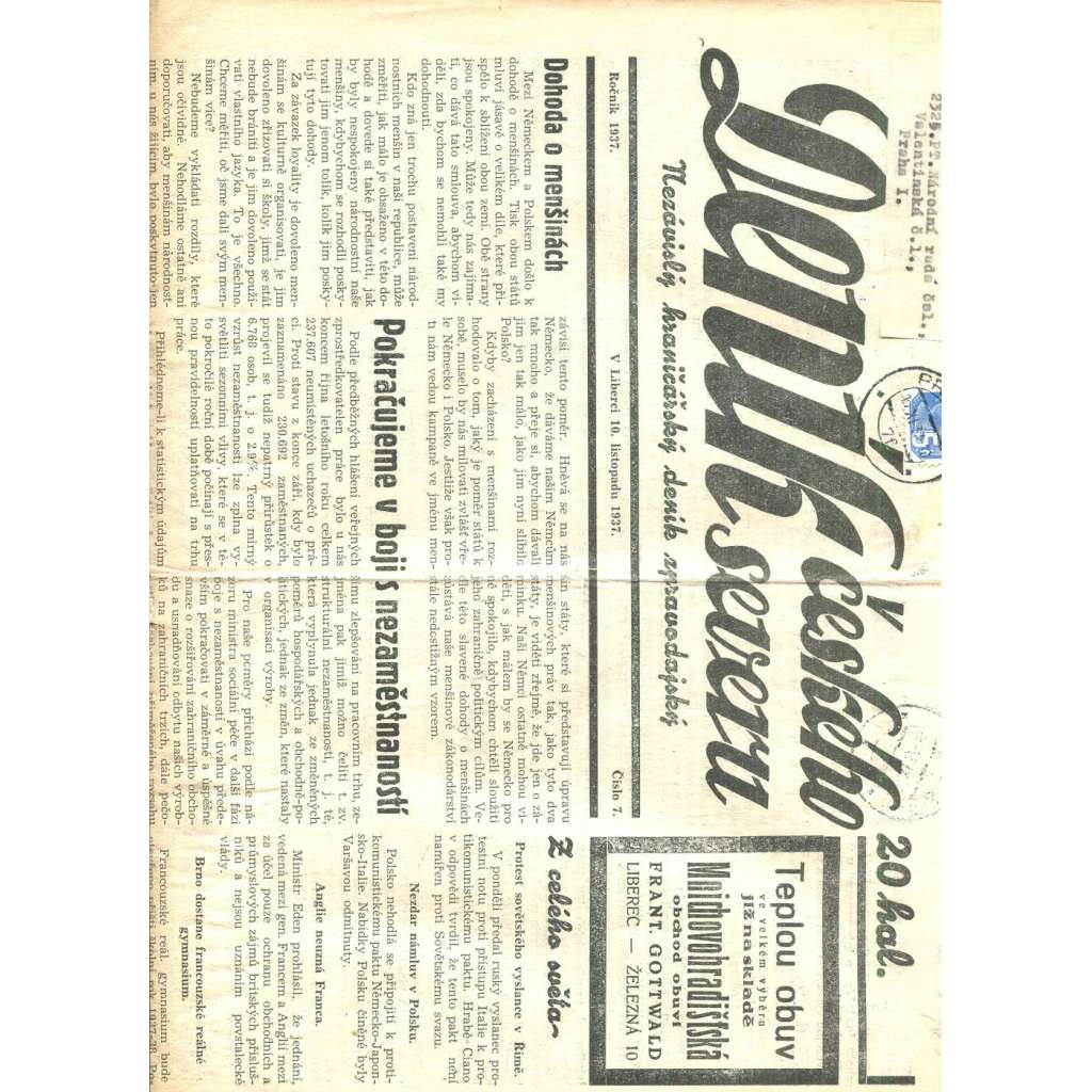Deník českého severu, číslo 7/1937. Nezávislý hraničářský deník zpravodajský (1. republika, noviny)