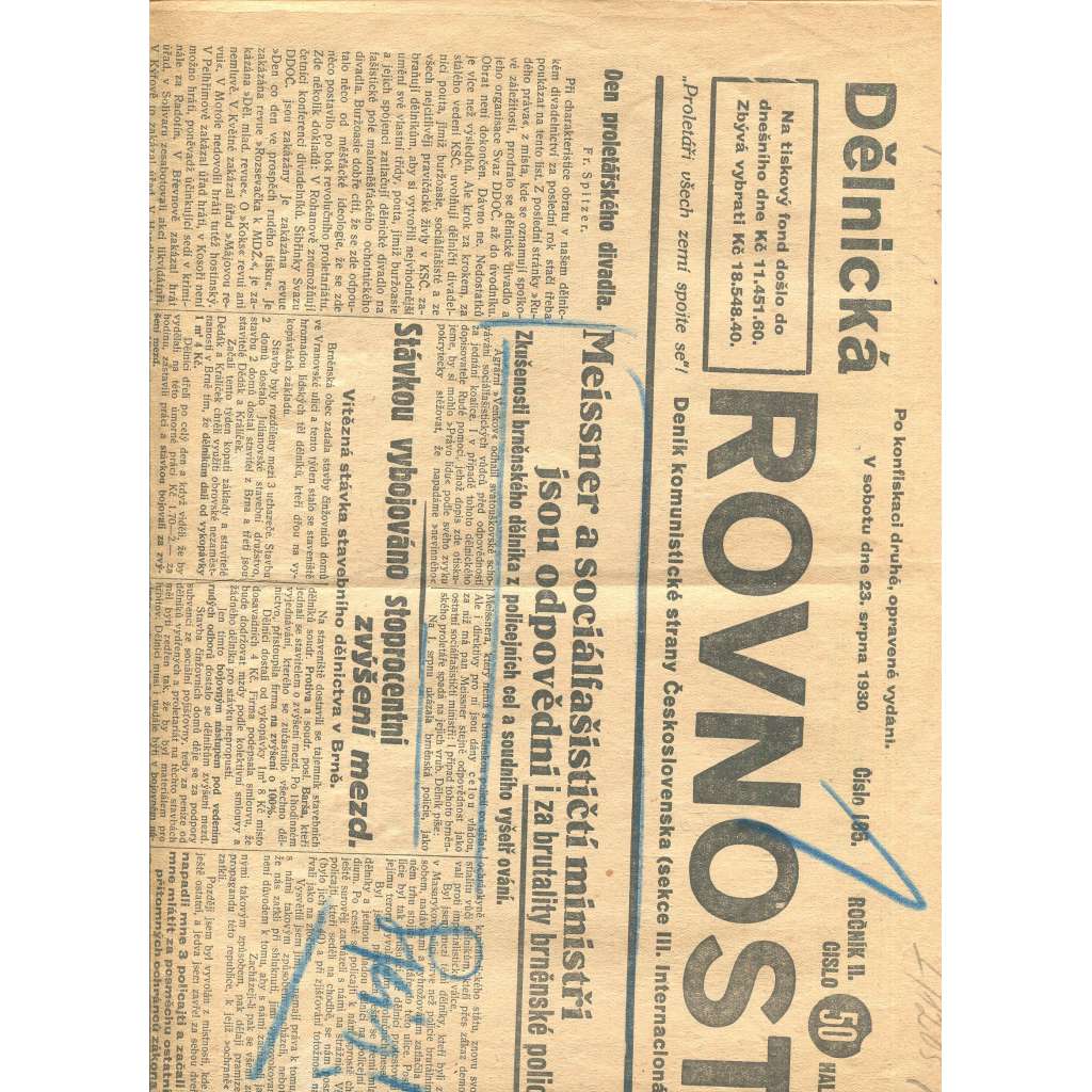 Dělnická rovnost, ročník II., číslo 195/1930 (1. republika, noviny)