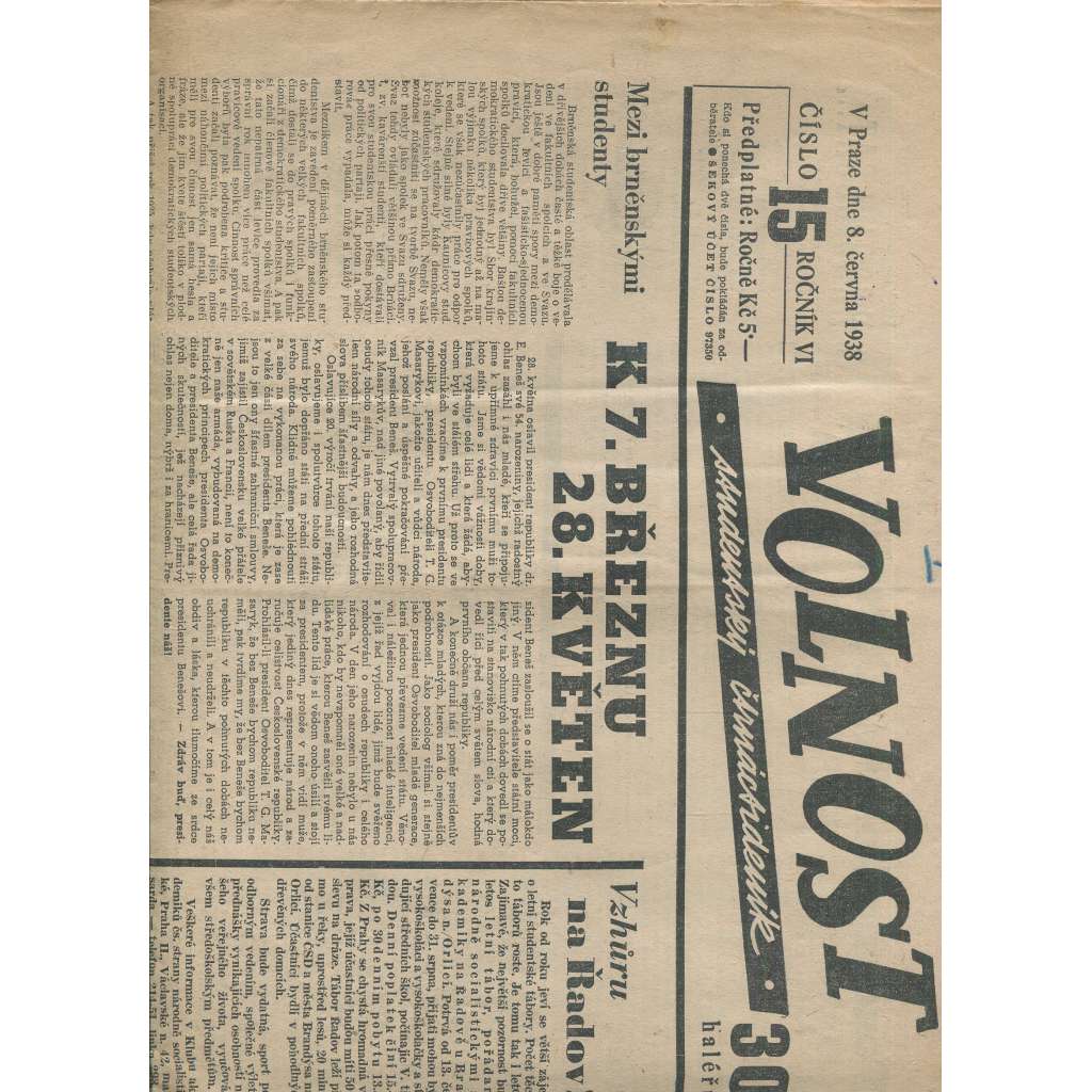 Volnost, ročník VI., číslo 15/1938 (1. republika, noviny)