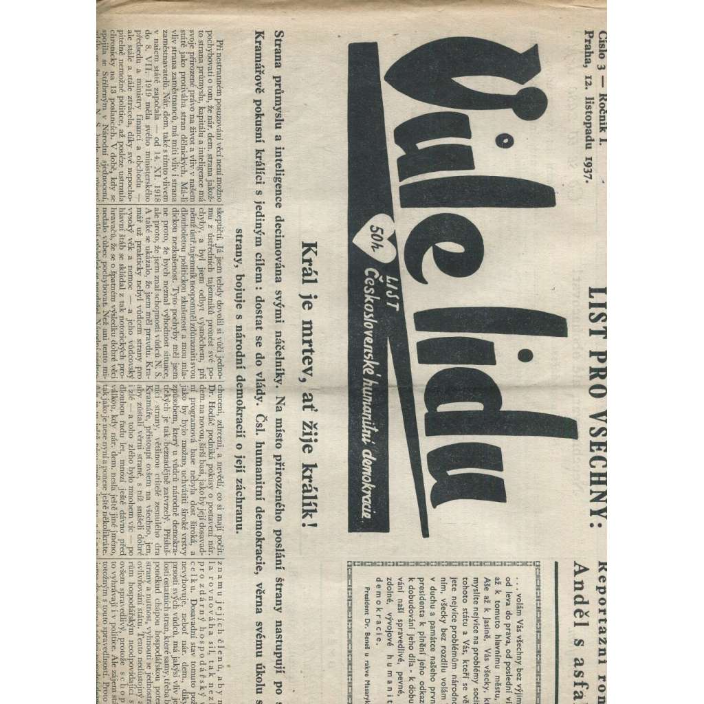 Vůle lidu, ročník I., číslo 3/1937. List československé humanitní demokracie (1. republika, noviny)