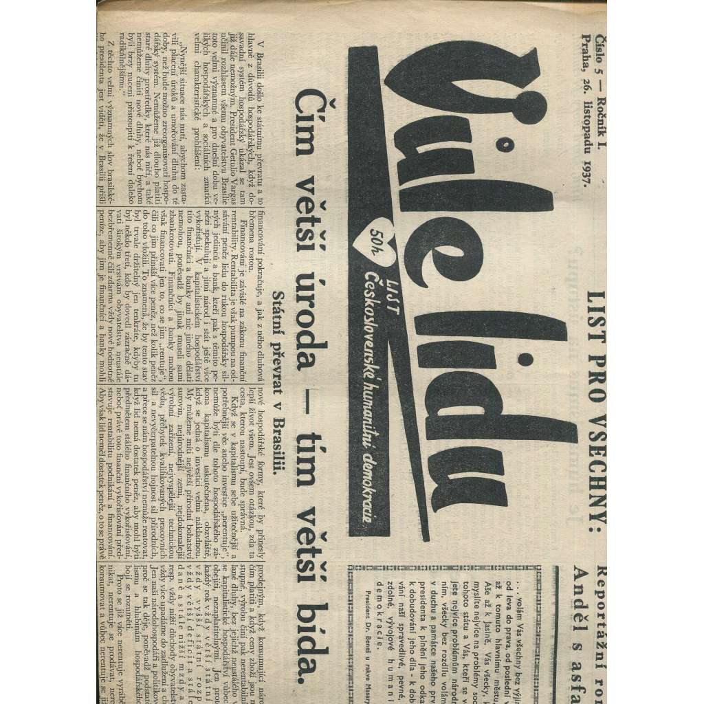 Vůle lidu, ročník I., číslo 5/1937. List československé humanitní demokracie (1. republika, noviny)