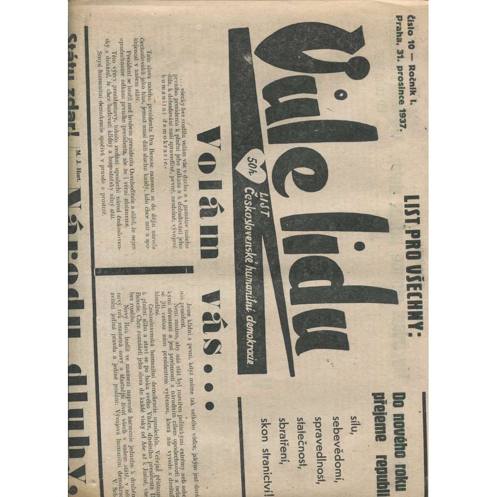 Vůle lidu, ročník I., číslo 10/1937. List československé humanitní demokracie (1. republika, noviny)
