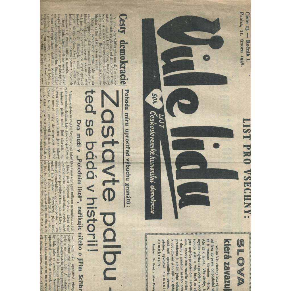 Vůle lidu, ročník I., číslo 13/1938. List československé humanitní demokracie (1. republika, noviny)