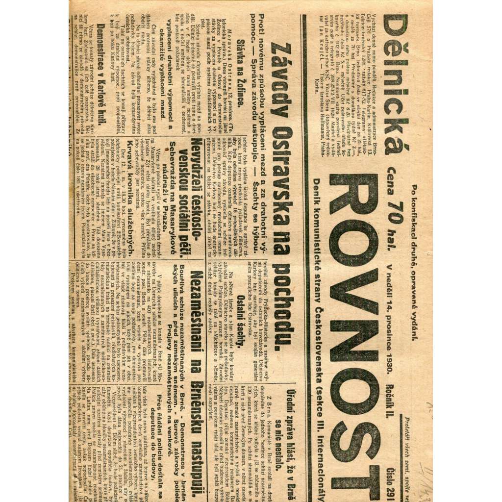 Dělnická rovnost, ročník II., číslo 291/1930 (1. republika, noviny) - Deník komunistické strany Československa