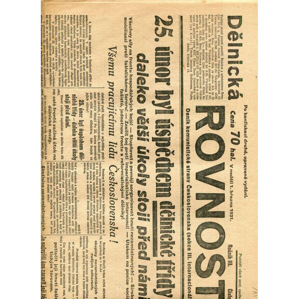 Dělnická rovnost, ročník III., číslo 51/1931 (1. republika, noviny) - Deník komunistické strany Československa