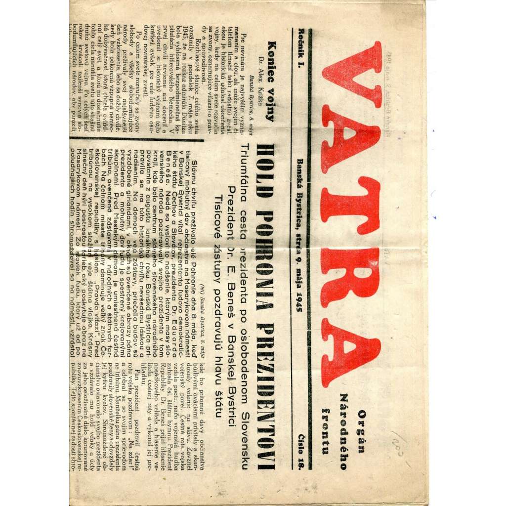 Vatra, ročník I., číslo 18/1945. Orgán Národného frontu (text slovensky, noviny)