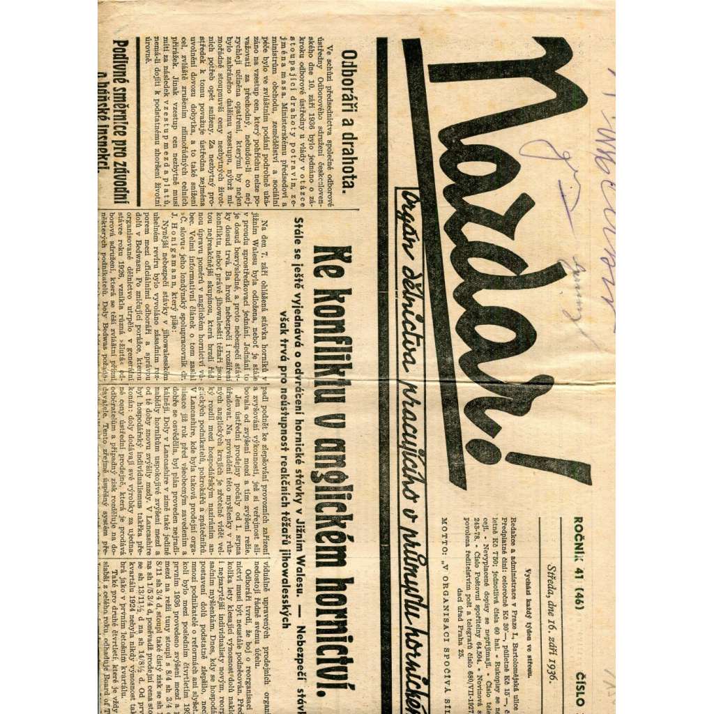Nazdar! Orgán dělnictva, pracujícího v průmyslu hornickém. Časopis. Ročník 41. číslo 37/1936 (noviny)