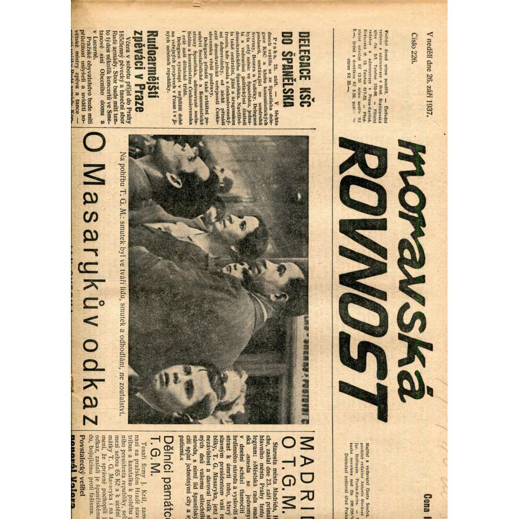 Moravská rovnost, číslo 226/1937 (1. republika, noviny)