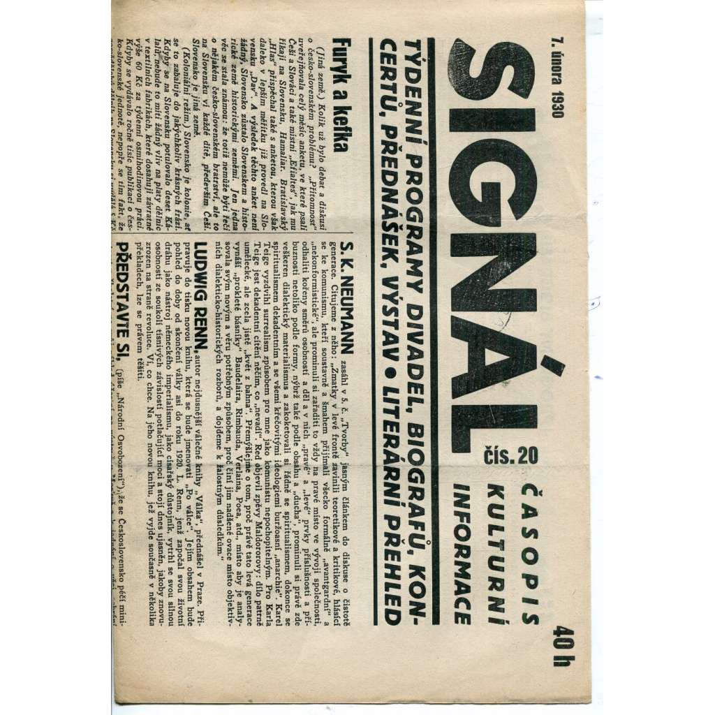 Signál. Časopis kulturní informace, číslo 20/1930 (staré noviny, 1. republika)