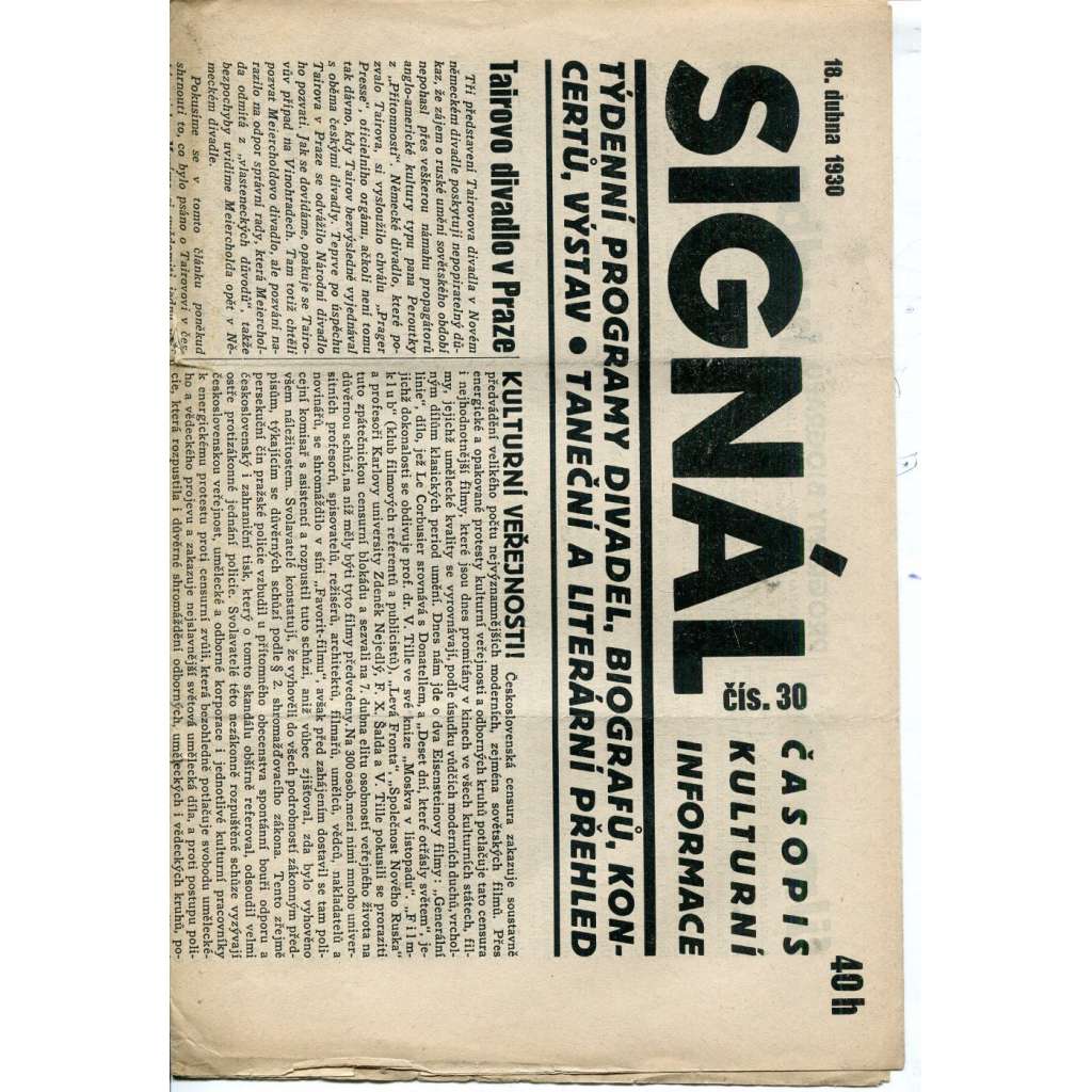 Signál. Časopis kulturní informace, číslo 30/1930 (staré noviny, 1. republika)