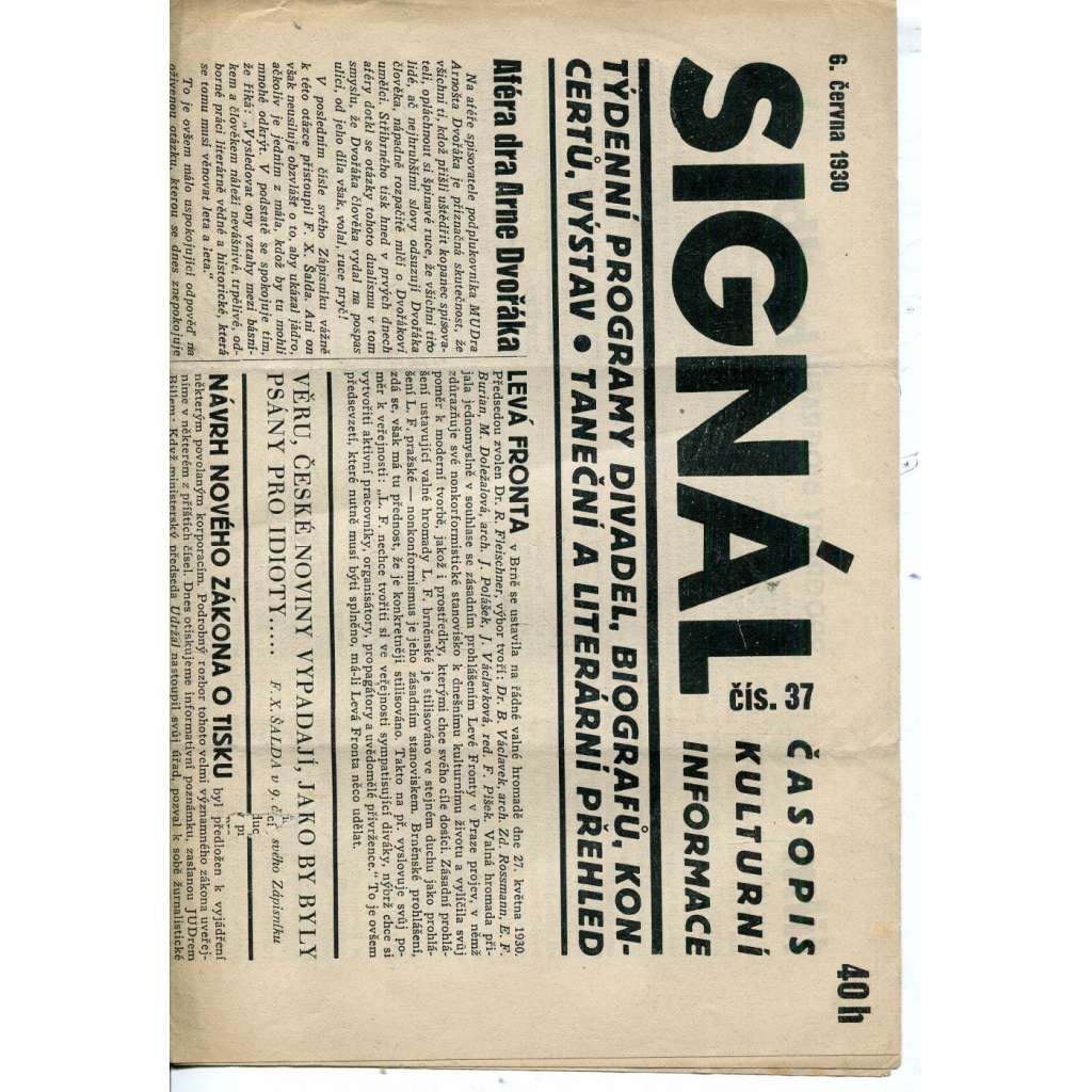 Signál. Časopis kulturní informace, číslo 37/1930 (staré noviny, 1. republika)
