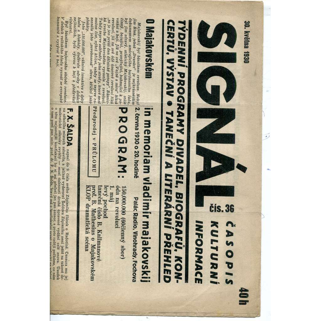 Signál. Časopis kulturní informace, číslo 36/1930 (staré noviny, 1. republika)