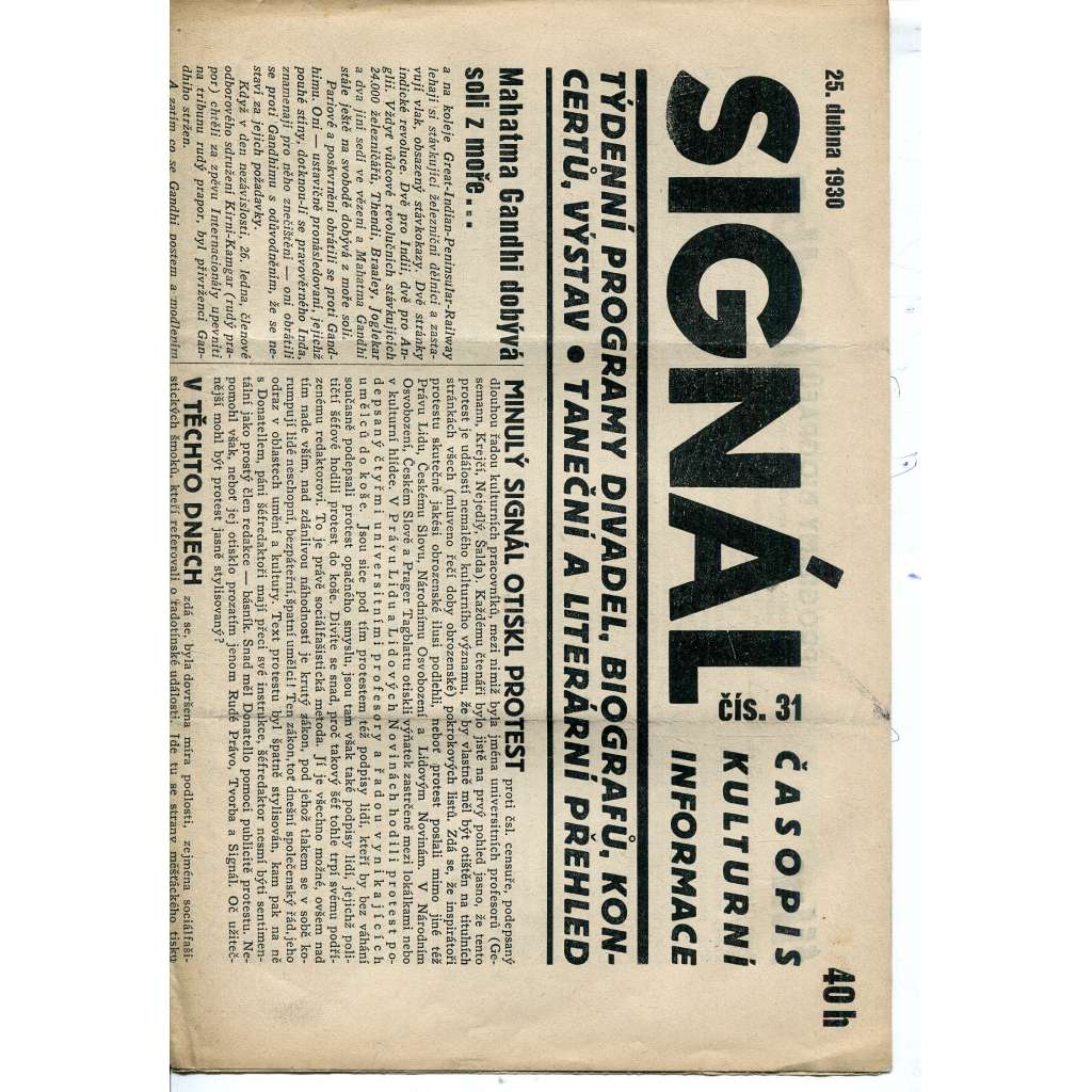 Signál. Časopis kulturní informace, číslo 31/1930 (staré noviny, 1. republika)