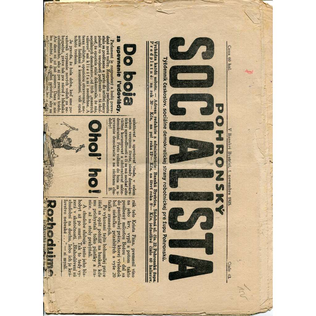 Pohronský socialista, číslo 43/1925. (1. republika, staré noviny) - text slovensky (pošk.)