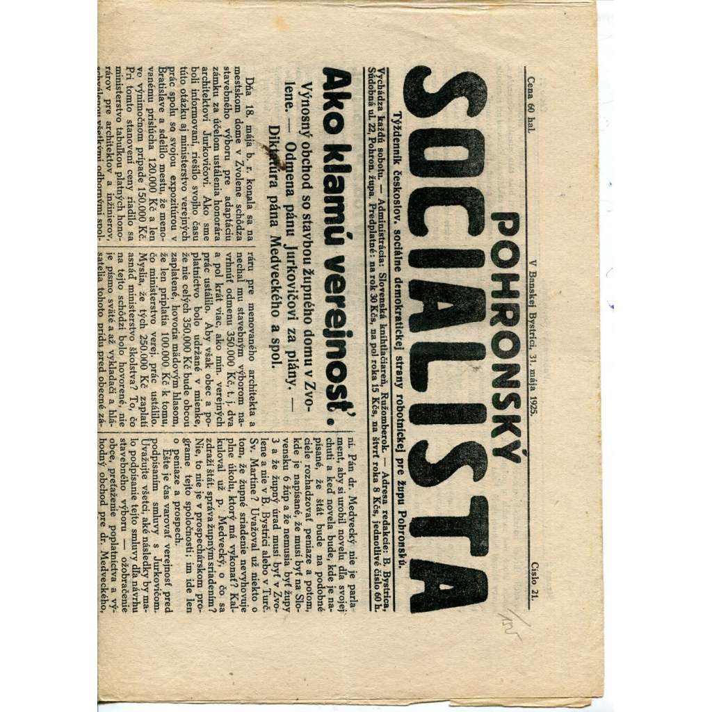Pohronský socialista, číslo 21/1925 (1. republika, staré noviny) - text slovensky